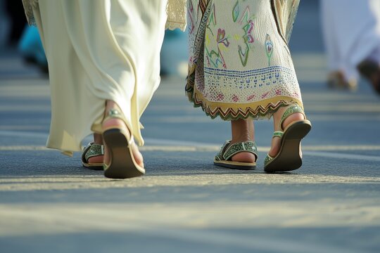 feet image of arab women wearing traditional footwear while walking
