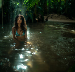 Latina girl taking a bath in the rainforest.
