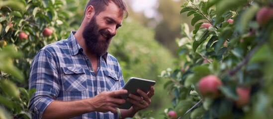 Naklejka na ściany i meble A bearded farmer using a tablet happily inspects apple trees on an eco-friendly orchard.