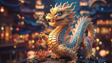 Obraz premium Banner with gold dragon,bokeh background of China street of city. Chinese New Year decoration close up of dancing dragon on festive background