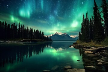 Fototapeta premium Aurora reflecting over a lake Generative Ai