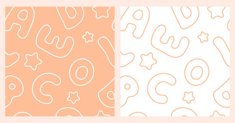 A set of seamless patterns of linear letters and stars in a combination of  peach and white colors.Flat style for print, scrapbooking, textile,wallpaper,notebooks,children's design.Vector illustration