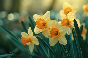 A group of yellow and white daffodils. Can be used for spring-themed designs or floral arrangements