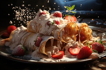 Crepes with banana and strawberry, covered with milk chocolate and grated nuts, generative IA
