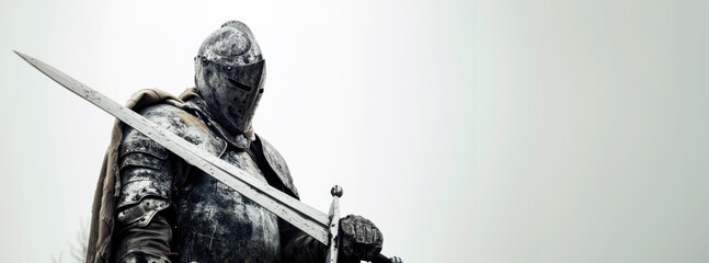 An imposing warrior, surrounded by the vast expanse of the sky, stands guard as a stoic statue, wielding their weapon with strength and determination in the outdoor setting of a majestic sculpture ga