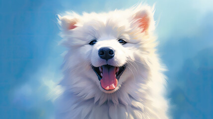 Happy White Dog with Fluffy Fur - Generative AI