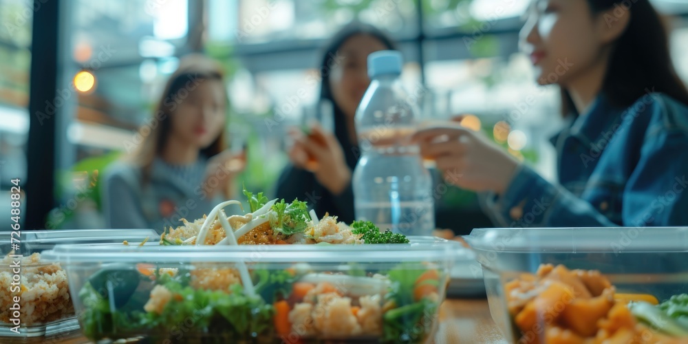 Poster a group of people gathered around a table, enjoying a meal together. this versatile image can be use
