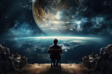 Fototapeta premium The man sitting on a chair while looking out over the universe, surrounded by Moon, Lights, Stars, and clouds.
