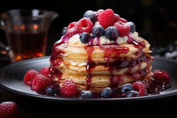 Illustration of a stack of pancakes with strawberry and blueberry jelly, generative IA - obrazy, fototapety, plakaty