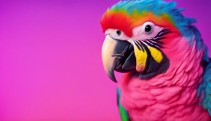 Fototapeta premium Cute parrot in pink blue neon light in the studio