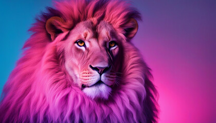 Lion on pink blue gradient neon light in the studio