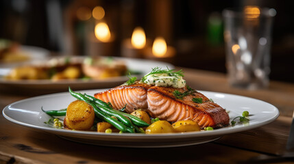 Grilled Salmon with Herb Garnish and Roasted Potatoes - Generative AI