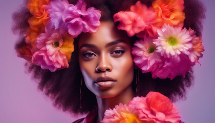 Beautiful girl with flowers in her hair on gradient neon light in the studio