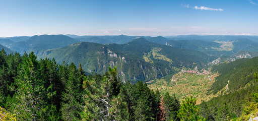 Panoramic view of the Rhodope Mountains from the observation deck in the area of Wolf Stone (Valchi...
