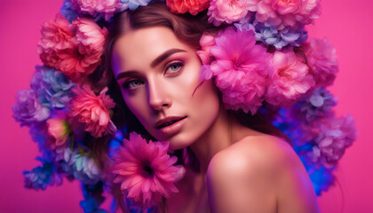 Naklejka premium Beautiful girl with flowers in her hair on gradient neon light in the studio