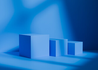 Blue cube podium or platform for mockup for product display with shadows and light. Empty podiums. Mockup