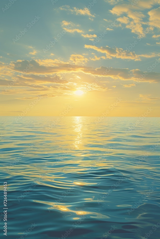 Poster a beautiful view of the sun setting over the ocean. perfect for beach and nature themes