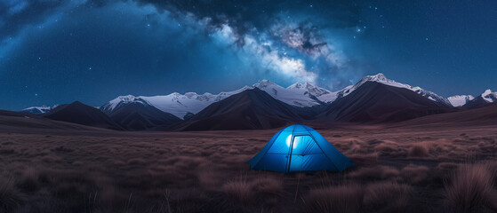 Starry Night Over Snow-Capped Peaks with a Solitary Illuminated Tent in a Pristine Wilderness