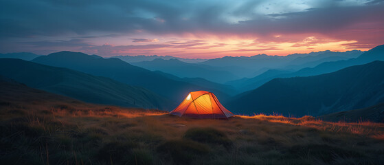 Fototapeta na wymiar A Serene Sunset Campsite in the Heart of the Mountains: An Idyllic Escape into Nature's Embrace