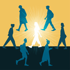 The illustration depicts a circle of people, with a central figure radiating energy, kindness, and wisdom, enlightening those around. Executed in shades of blue, emphasizing tranquility and harmony.