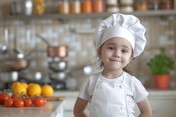 child in a chef hat with a kitchen set background