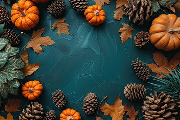 A festive Thanksgiving themed flat lay featuring autumn leaves, pinecones, and decorative pumpkins