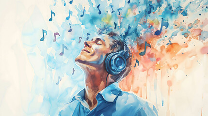 happy Businessman or investor wearing headphones listening to music, relax and reduce stress from work