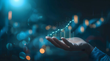 hand holding digital histogram show financial and business growth - obrazy, fototapety, plakaty