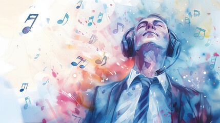 happy Businessman or investor wearing headphones listening to music, relax and reduce stress from work