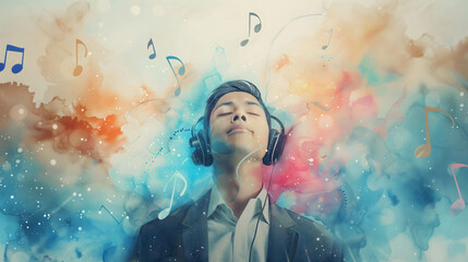 happy Businessman or investor wearing headphones listening to music, relax and reduce stress from work