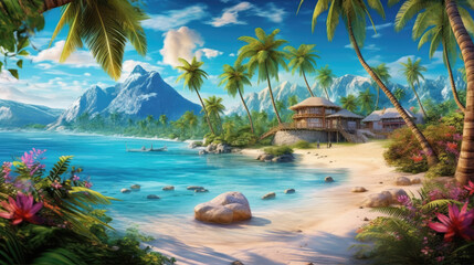 Tropical Island Paradise with Palm Trees and Ocean View - Generative AI