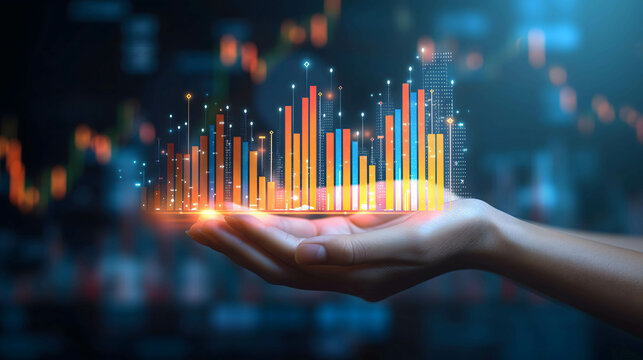 hand holding digital histogram show financial and business growth
