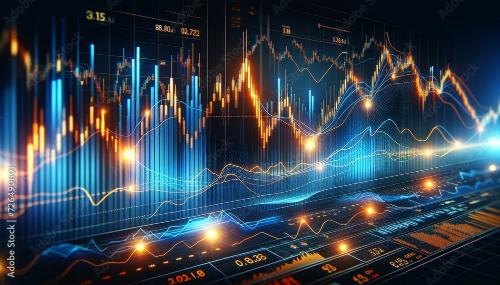 Poster dynamic and detailed stock market data visualization with glowing digital graphs, bars, and numerica