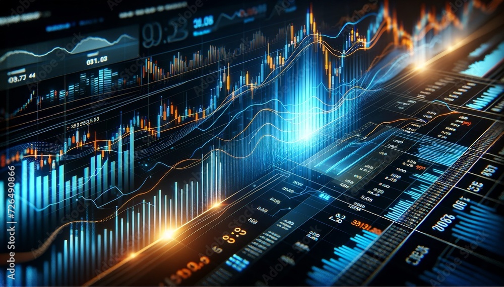 Aufkleber dynamic and detailed stock market data visualization with glowing digital graphs, bars, and numerical data
