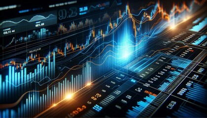 dynamic and detailed stock market data visualization with glowing digital graphs, bars, and numerical data