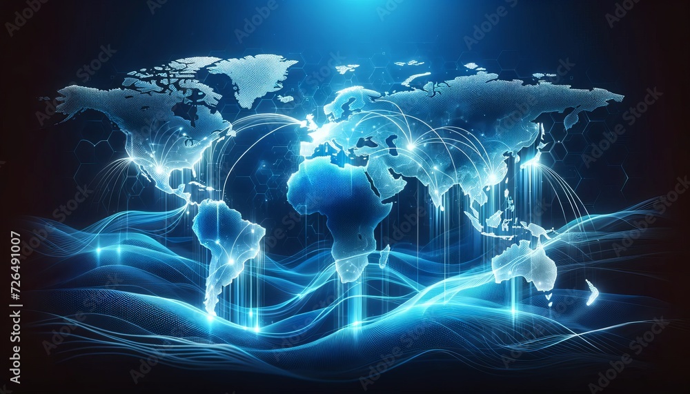 Aufkleber digital world map on a dynamic blue background
