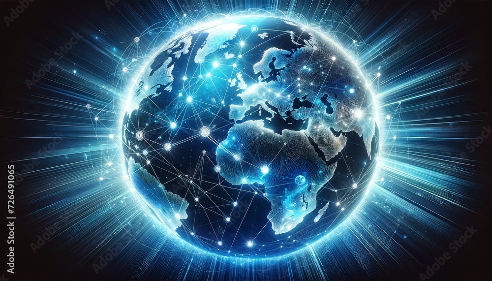 Poster digital world map on a dynamic blue background