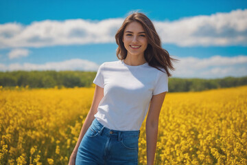 Naklejka na ściany i meble Young brunette woman 20 years old in jeans and a white T-shirt in a field with green grass under a blue sky with fluffy clouds. Generative Ai