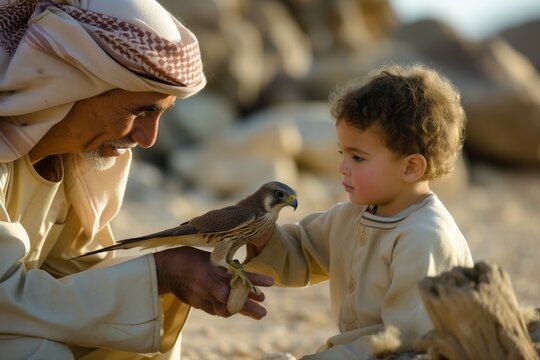 bedouin elder teaching young child falconry