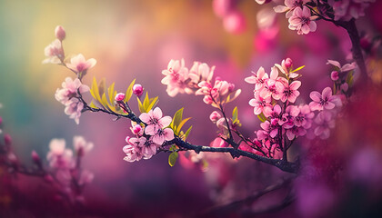 nature Spring border or blurred background art with pink blossom blooming tree. Generative AI.