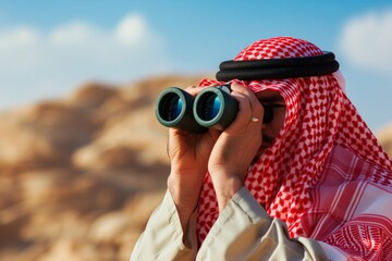 bedouin in traditional clothing looking through binoculars