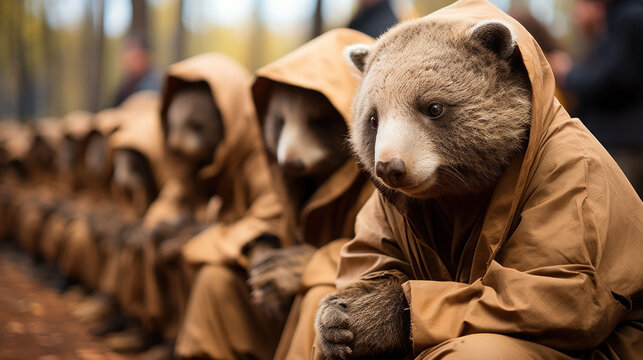 sad wombats in raincoats sit in a chain protesting against the poor treatment of animals in zoos