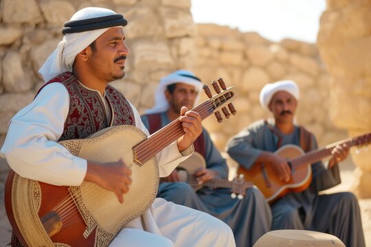 bedouin musicians playing oud and darbuka outside