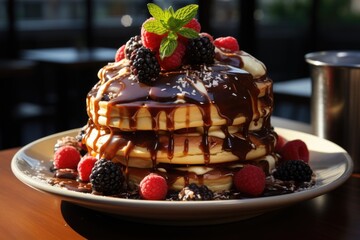 Sweet fruit pancakes watered with chocolate syrup generated by, generative IA