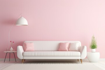 Cozy living room in a minimalist Scandinavian style with a sofa, pillows and a chair nearby and with pink walls.