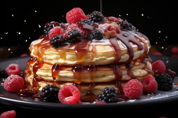 Fresh fruit pancakes with chocolate syrup and raspberry generated by AI, generative IA