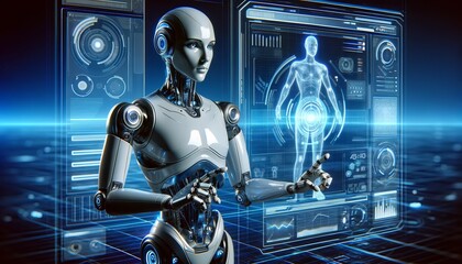 futuristic humanoid robot interacting with advanced holographic interfaces