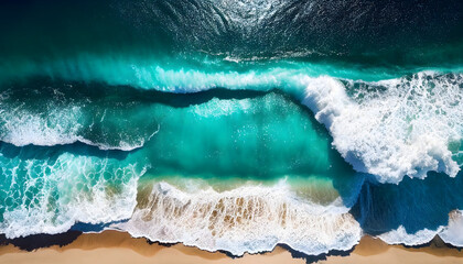 Ocean waves on the beach as a background. Beautiful natural summer vacation holidays background. Aerial top down view of beach and sea with blue water waves. Generative AI.