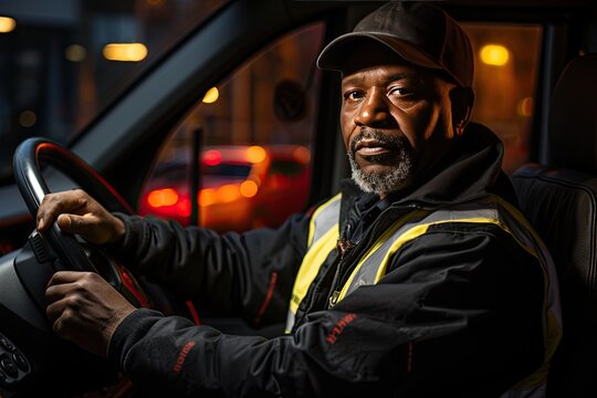 Dark-skinned driver behind the wheel. Close-up of a bus driver hand on the wheel, steering through city streets