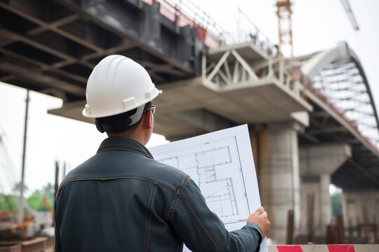 worker in hardhat inspecting bridge blueprints at construction site